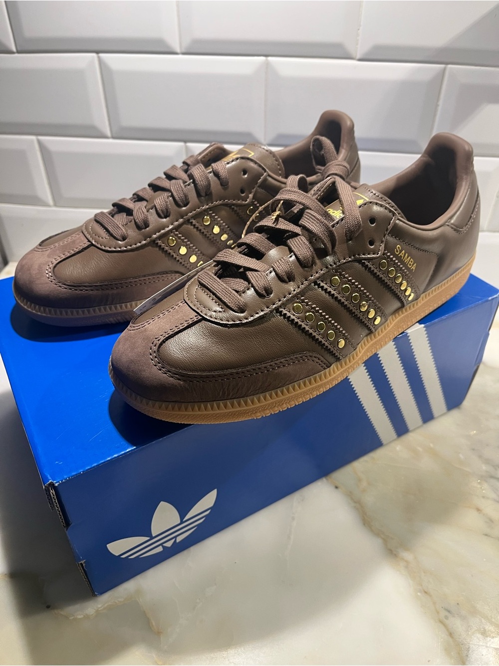 adidas Samba Leather Sneakers in Brown with Gold Accents